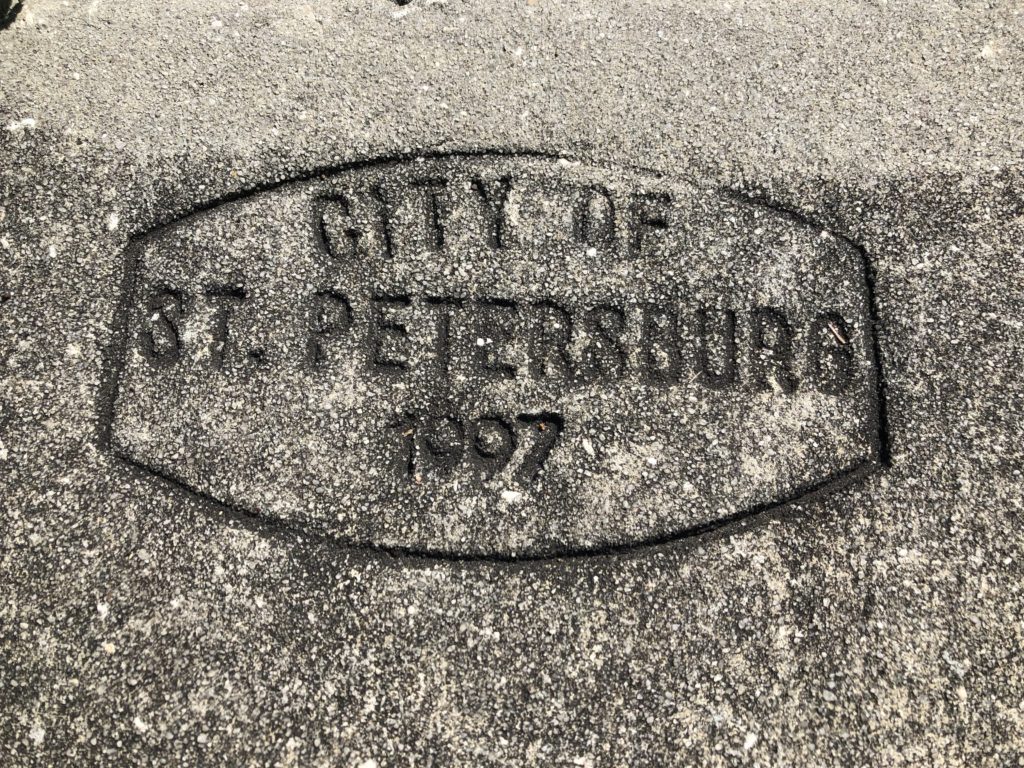 Sidewalk with words engraved City of St. Petersburg 1997